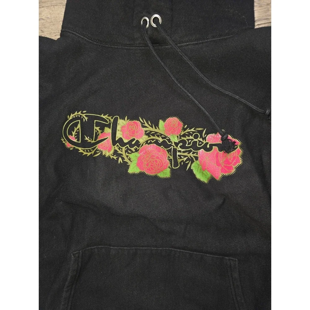 Champion Reverse Weave Rose Graphic Hoodie Black Oversized Large Y2K era